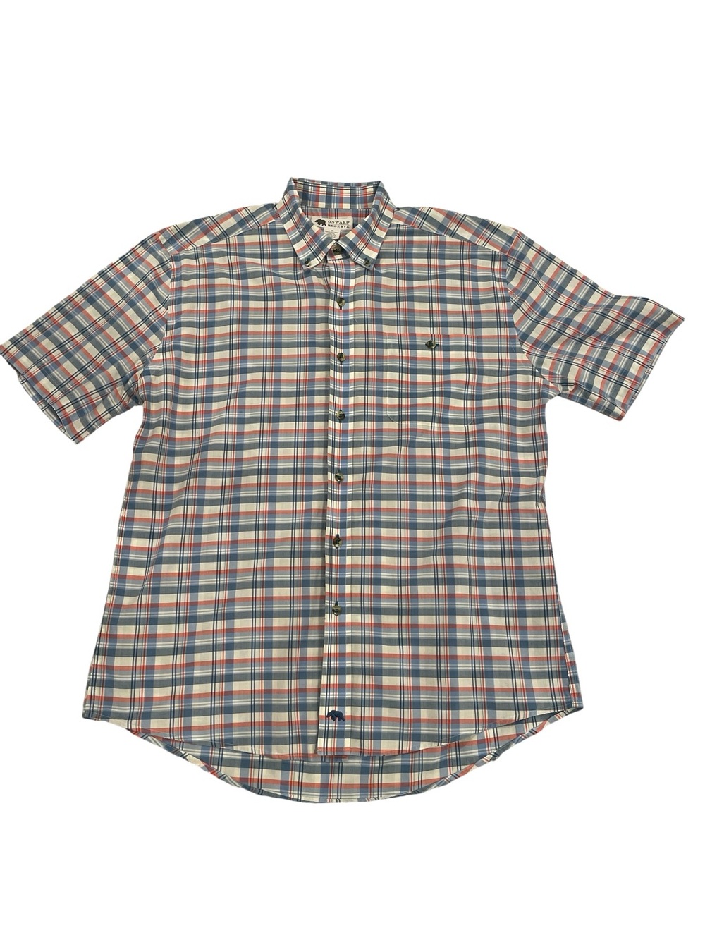 Onward Reserve Men’s Short Sleeve Button Down Shirt Size M Blue Red and White